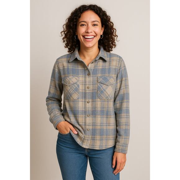 Casa Cabana Plaid Button Down Shacket Women Large Blue Beige Gray Soft Flannel - Picture 1 of 9